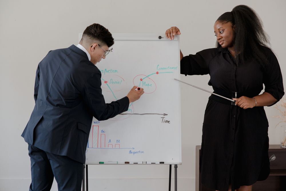 Adviser taking notes while talking with clients, writing down financial goals with an adviser