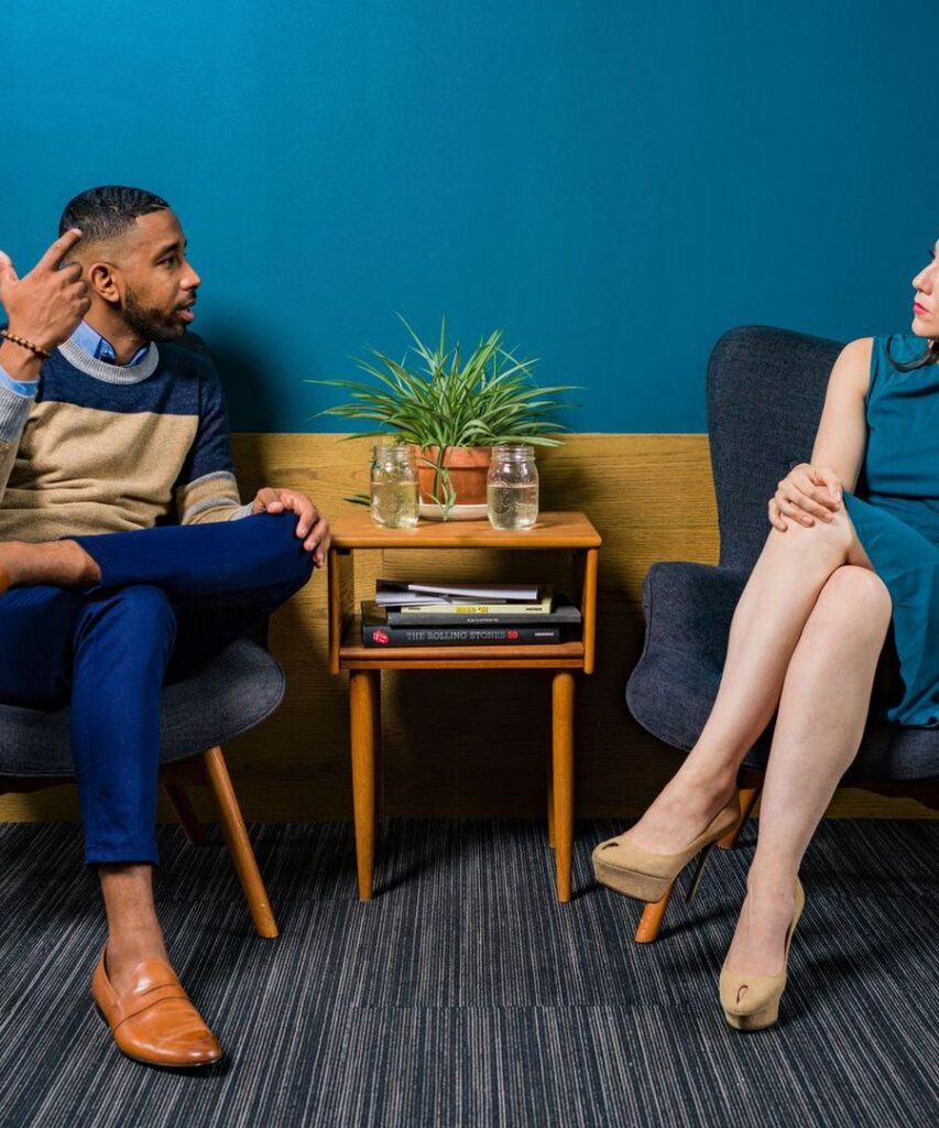 Two people having a serious conversation